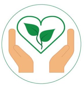 Grafik Hände halten ein grünes Herz mit Blättern darin