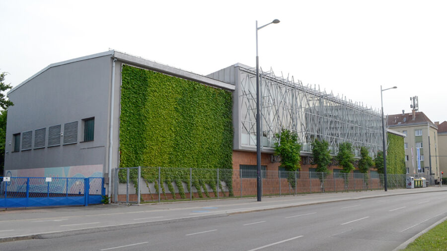 Straßenansicht Glas-Fassadenbegrünung 2024